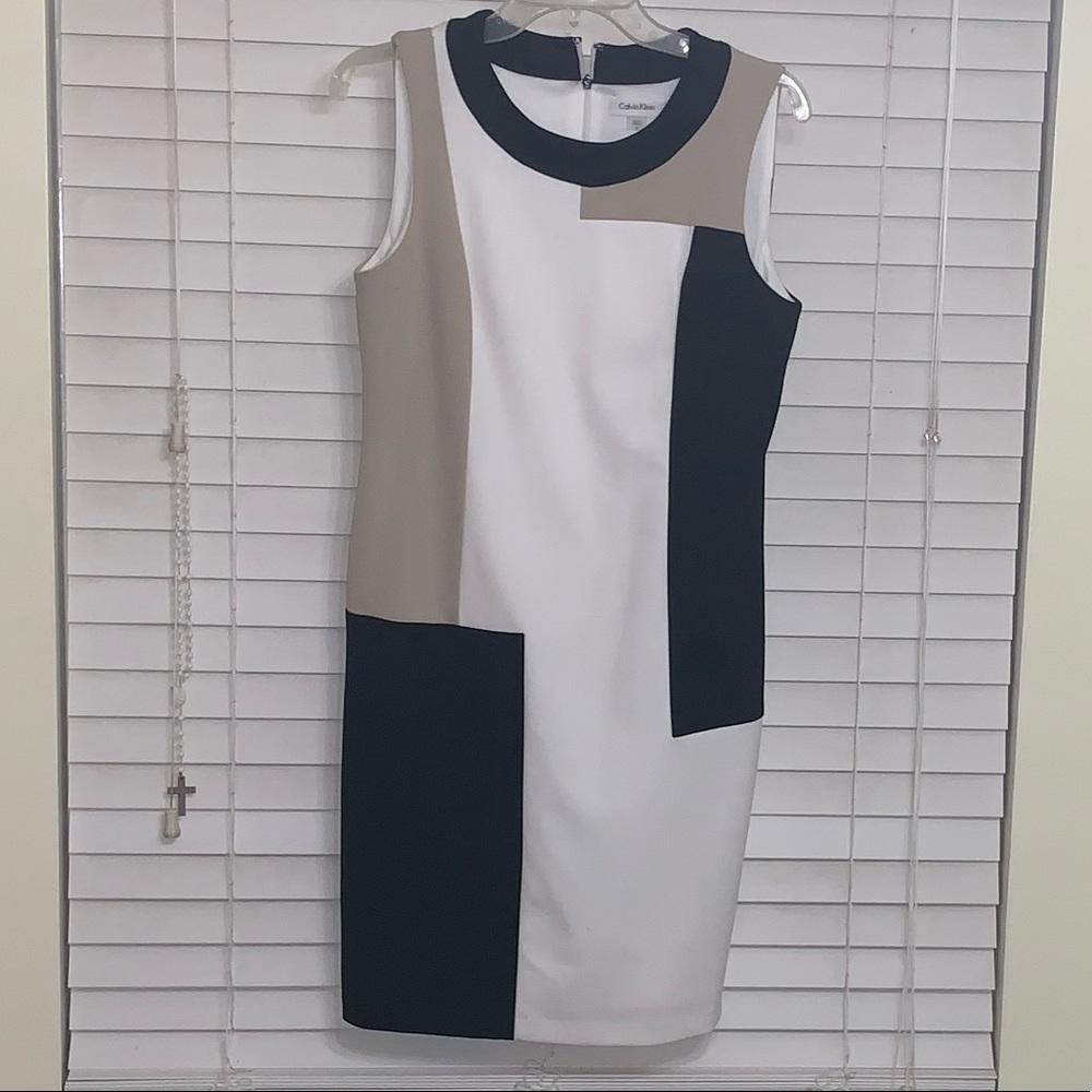 Calvin Klein Colorblock Dress, Black, White, Beige